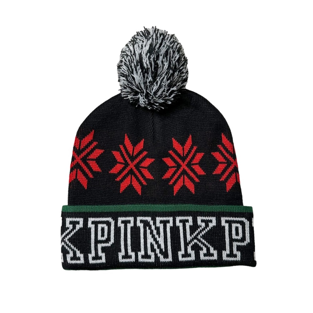 NWOT PINK VS Logo Holiday Pom Beanie Black Women’s OS